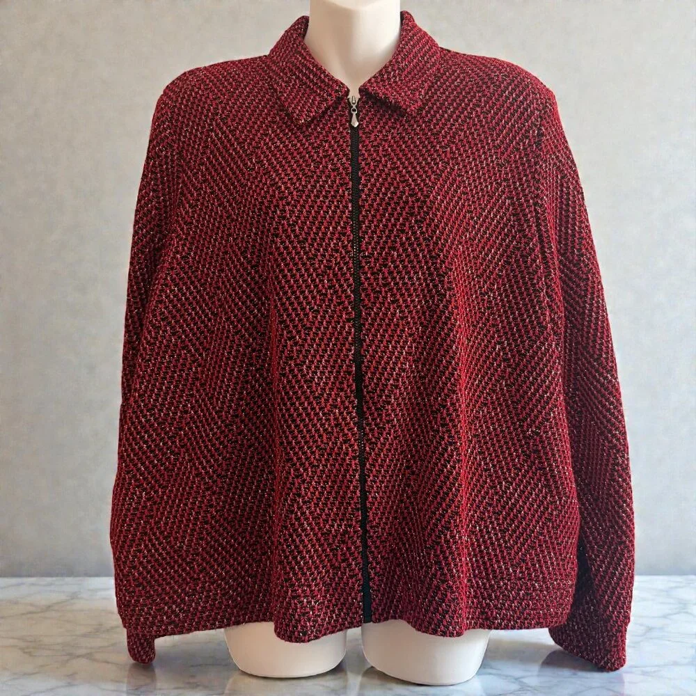 Alfred Dunner Petite Red Black Metallic Zip Jacket | 12P - Picture 3 of 13